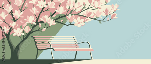 Beautiful blooming pink magnolia tree shades an empty striped park bench in a tranquil spring garden, depicted in a minimalist flat vector art style