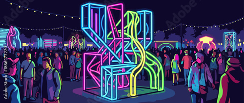 Large colorful abstract neon light sculpture stands at an outdoor night festival surrounded by a crowd of people enjoying the vibrant art installation