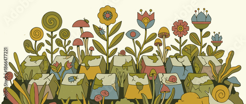 Old cracked computer keyboard keys overgrown with psychedelic flowers, mushrooms, and insects in a surreal vintage-style drawing representing the fusion of nature and technology