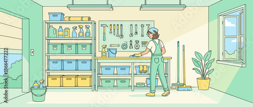 Person wearing green overalls and yellow gloves diligently cleans a wooden workbench in a bright, organized garage with tools on a pegboard and supplies on shelves