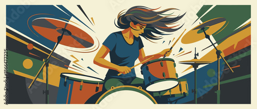 Passionate female drummer with long flowing hair energetically plays a drum kit in a dynamic, stylized illustration with a retro color palette, showing intense musical performance