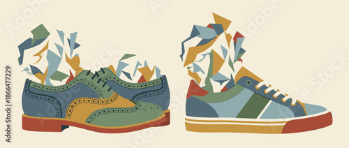 Classic brogue shoe and a modern sneaker illustrated with a deconstructed, shattering effect of colorful geometric shapes representing a contrast in fashion styles