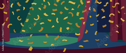 Colorful theater stage with red curtains and falling golden confetti creates a festive atmosphere for a grand finale or successful performance