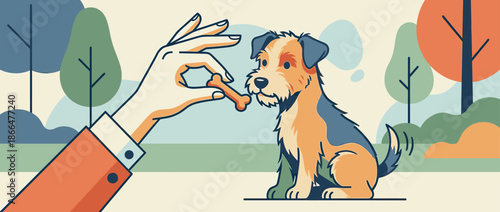 Small scruffy terrier dog patiently sits while a person's hand offers a bone-shaped treat as a reward during an outdoor training session in a stylized flat vector illustration