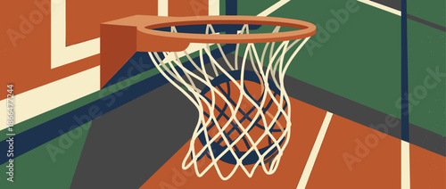Basketball going through an orange hoop and net in a minimalist retro illustration showing a successful scoring moment on a geometric court with a vintage color palette