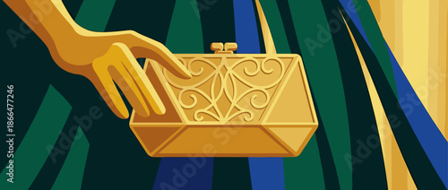 Elegant golden clutch handbag with an intricate filigree pattern is held by a stylized hand in a sophisticated and glamorous Art Deco style graphic illustration