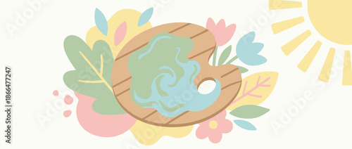 Wooden artist's palette with mixed paint is surrounded by stylized pastel flowers and leaves under a bright yellow sun, in a cheerful flat illustration about nature and creativity