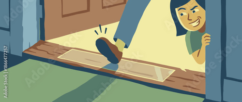 Person's foot stepping towards a banana peel trap while a mischievous prankster with an evil grin watches from behind a wall in a cartoon illustration