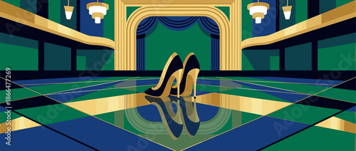 Pair of black and gold high-heeled shoes rest on the reflective floor of a glamorous and empty Art Deco theater with a grand stage and ornate architectural details