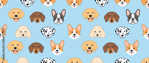Seamless pattern of cute cartoon dog faces featuring various happy breeds like retrievers, corgis, poodles, and dalmatians in a cheerful and adorable animal illustration