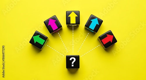Black question mark cube facing multiple colored arrow direction choices on bright yellow background