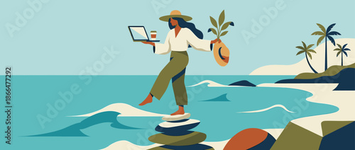 Graceful woman in a sun hat balances on a stack of stones by the ocean, holding a laptop and coffee, symbolizing a modern digital nomad lifestyle