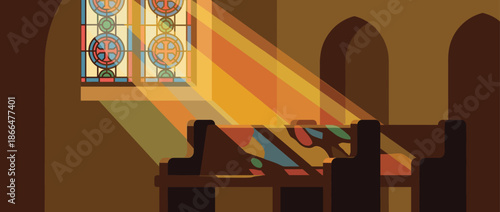 Serene church interior with wooden pews is illuminated by warm sunlight streaming through a beautiful stained glass window in a flat vector illustration