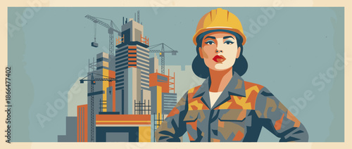 Confident female construction worker wearing a yellow hard hat and work jacket stands proudly before a city building site in a retro propaganda poster illustration