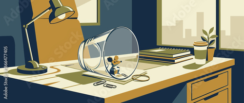 Small stylized mouse trapped under a drinking glass on a contemporary office desk, a conceptual illustration about confinement and work pressure