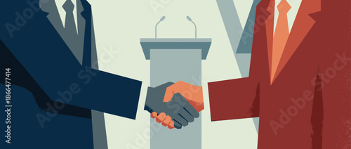 Two political candidates in symbolic red and blue suits shaking hands in agreement before a debate lectern in a retro graphic illustration style with a textured finish