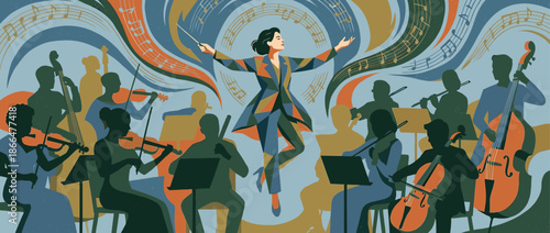 Female orchestra conductor in a colorful suit passionately leads a symphony orchestra performance with musical notes swirling around her in a dynamic, stylized illustration