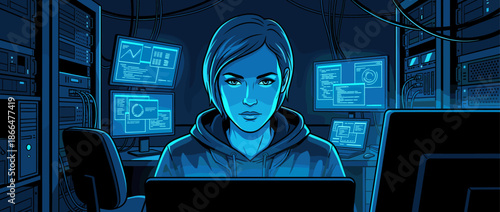 Focused female hacker in a hoodie sits in a dark server room surrounded by multiple computer monitors, working on a laptop with an intense expression in a graphic novel style
