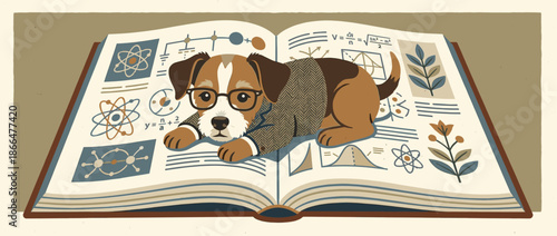 Smart puppy dog wearing glasses and a tweed jacket lies on an open science textbook with formulas and diagrams, representing learning and knowledge in a whimsical illustration