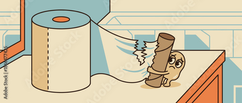 Funny anthropomorphic last piece of toilet paper with a sad face clings to an empty roll next to a new one in a humorous, retro-style cartoon illustration