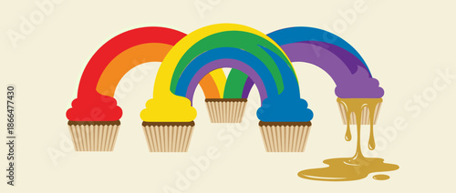 Colorful rainbow cupcakes with vibrant frosting flowing in beautiful arches, with one melting into a golden puddle in a whimsical flat vector illustration style