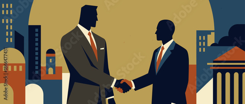 Two stylized businessmen in formal suits shaking hands in a graphic illustration representing a corporate agreement or political deal within a minimalist cityscape