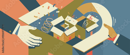 Businessmen shaking hands over open boxes with springs popping out in a celebratory illustration symbolizing a creative partnership and innovation
