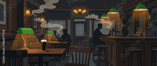 Classic old-fashioned pub interior illustration with silhouetted patrons drinking at the bar and tables in a moody, atmospheric setting with warm, dim lighting