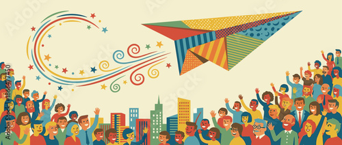 Colorful patterned paper airplane soars through the sky leaving a trail of stars over a large, diverse crowd of happy people celebrating together in a city