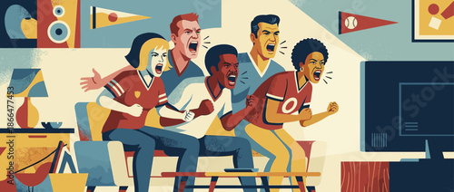 Diverse group of passionate sports fans shout with intense excitement while watching a game together on television, captured in a dynamic, retro-style graphic illustration