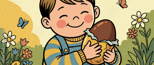 Happy cartoon boy in overalls holds a large chocolate Easter egg wrapped in golden foil, smiling with joy in a spring garden with flowers and butterflies