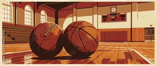 Basketball and an American football rest on a polished hardwood court inside an empty school gymnasium in a nostalgic, retro graphic illustration style with warm tones