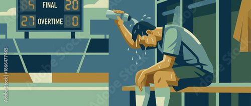 Exhausted male athlete in a sports uniform sits on a locker room bench pouring water on his head after a difficult overtime game, feeling drained and defeated