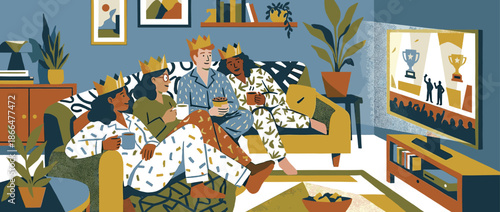 Diverse group of four friends wearing pajamas and paper crowns relax on a couch, watching a trophy awards ceremony on TV in a cozy, modern living room