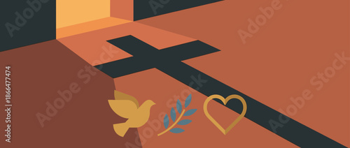 Christian symbols of faith hope and love including a cross shadow, dove, olive branch, and heart in a minimalist flat design illustration with warm earth tones