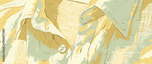 Crumpled yellow and green shirt illustration with a single button and collar, showing detailed fabric folds and a cross-hatch texture in a graphic, hand-drawn artistic style
