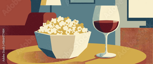 Bowl of popcorn and glass of red wine on a table create a cozy scene for a relaxing evening at home in this textured, retro-style graphic illustration