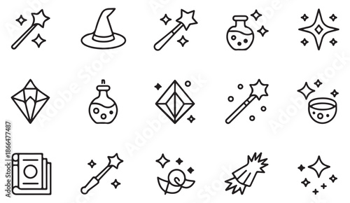 Magic and fantasy outline icons with wizard, potion, crystal, and spell symbols