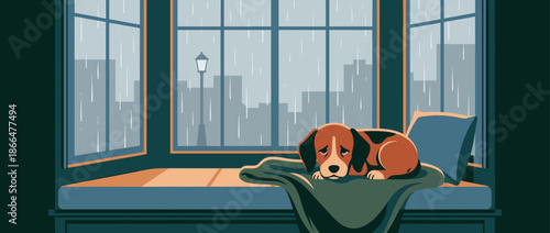 Sad lonely beagle puppy dog lies on a window seat looking out at the heavy rain falling on a gloomy cityscape in a melancholic, illustrated scene