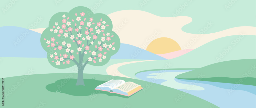 Obraz premium Open book resting on green grass under a blooming tree in a serene spring landscape with a winding river and rolling hills at dawn