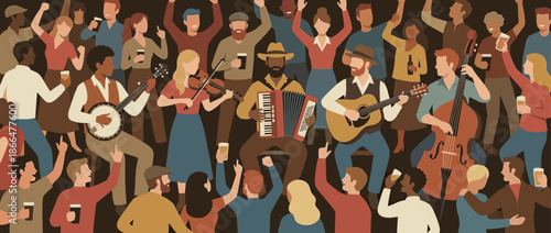 Diverse folk music band playing banjo, accordion, and guitar performs a lively concert for a happy crowd dancing and celebrating together in a pub atmosphere