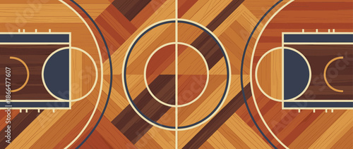Stylized basketball court with wooden parquet flooring and classic blue and cream markings, shown from a symmetrical top-down perspective in a flat graphic illustration style