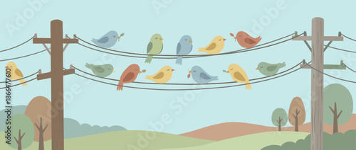 Cute flock of colorful cartoon birds perched peacefully on utility wires between wooden poles in a charming, stylized landscape with a simple, textured flat design