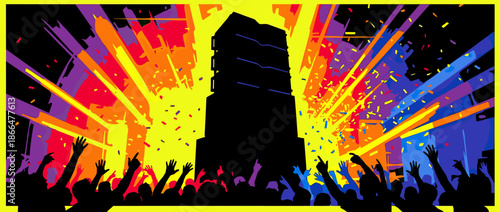 Silhouetted crowd of cheering fans with hands in the air at a vibrant music festival with colorful lights, a large stage tower, and falling confetti