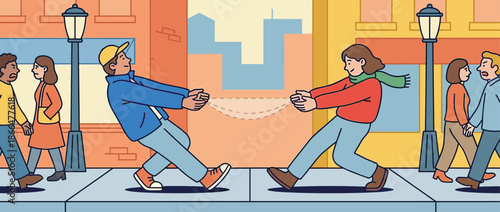Colorful illustration of a man and woman engaged in a tug of war with an invisible rope on a busy city sidewalk, representing conflict, competition, and rivalry