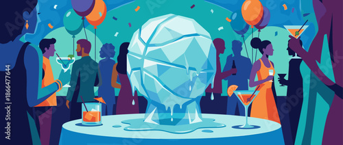 Large melting basketball ice sculpture sits on a table at a lively party with people drinking cocktails and celebrating under confetti and balloons in a flat vector style