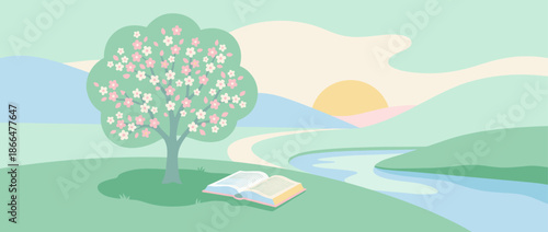 Open book resting on green grass under a blooming tree in a serene spring landscape with a winding river and rolling hills at dawn