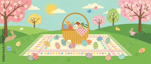 Colorful wicker Easter basket filled with decorated eggs sits on a picnic blanket for a festive egg hunt in a sunny spring landscape with bunnies and blooming trees