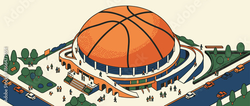 Stylized illustration of a basketball-shaped stadium with a large orange dome, showing crowds of people and cars arriving for a major sporting event from an isometric view