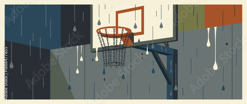 Outdoor basketball hoop with a chain net gets soaked by falling rain on an empty court, creating a somber and melancholic scene in a flat graphic style